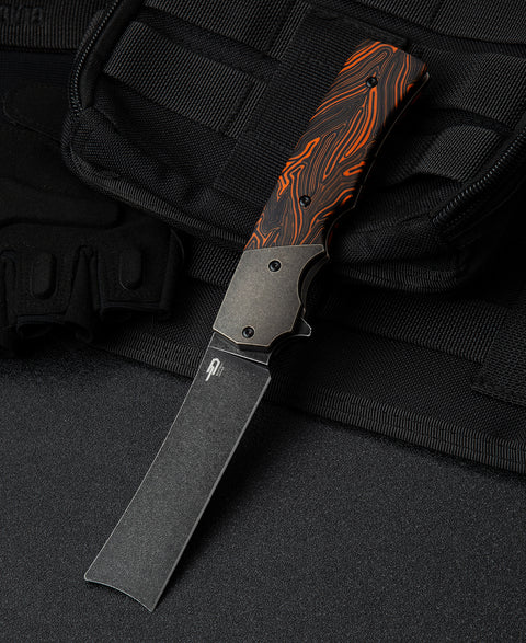 BESTECH SPANISH TIP RAZOR BT2101D Titanium+Black Orange G10 Handle: 3.79" M390 Blade