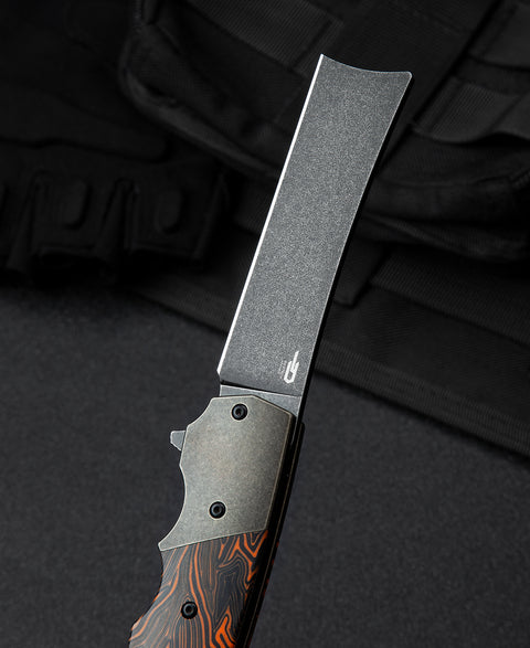 BESTECH SPANISH TIP RAZOR BT2101D Titanium+Black Orange G10 Handle: 3.79" M390 Blade