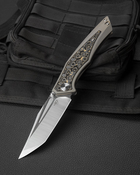 BESTECH TOGATTA BT2102G Titanium +Damascus Copper Carbon Fiber Inlay  Handle: 3.74" M390 Blade