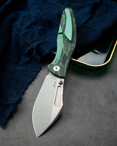 BESTECH LOCKNESS BT2205A Black Green G10+Titanium Handle: 3.91" M390 Blade