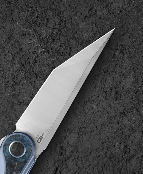 BESTECH BLIND FURY BT2303A Blue Titanium Silver Carbon Fiber  Inlay Handle: 3.62" Stonewash+Satin M390 Blade
