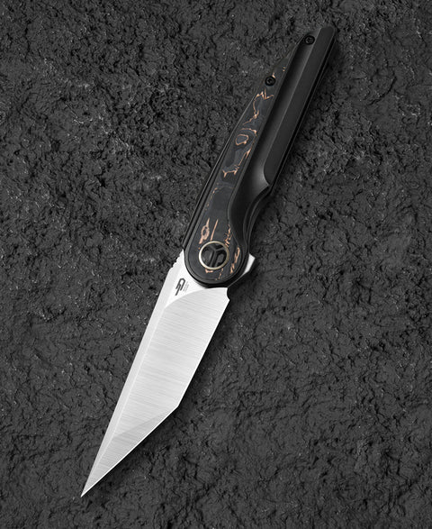 BESTECH BLIND FURY BT2303B Black Bronze Titanium Copper Carbon Fiber Inlay Handle: 3.62" Stonewash+Satin M390 Blade