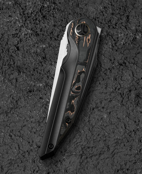 BESTECH BLIND FURY BT2303B Black Bronze Titanium Copper Carbon Fiber Inlay Handle: 3.62" Stonewash+Satin M390 Blade