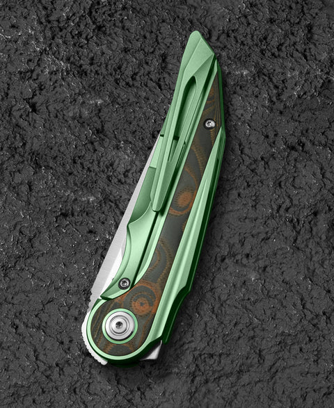 BESTECH BLIND FURY BT2303C Green Titanium Orange Carbon Fiber Inlay Handle: 3.62" Stonewash+Satin M390 Blade