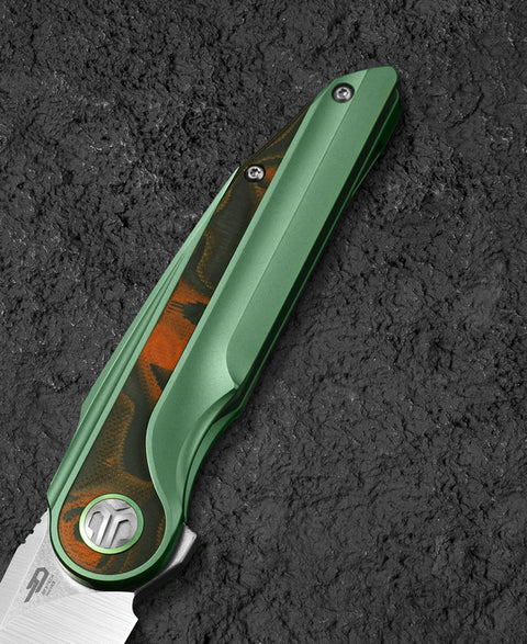 BESTECH BLIND FURY BT2303C Green Titanium Orange Carbon Fiber Inlay Handle: 3.62" Stonewash+Satin M390 Blade