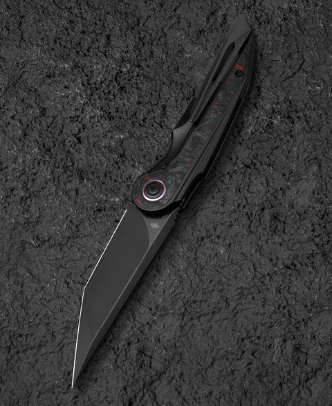 BESTECH BLIND FURY BT2303E Black Stonewash Titanium Red Marble Inlay Handle: 3.62" Black Stonewash M390 Blade