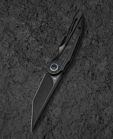 BESTECH BLIND FURY BT2303F Black Stonewash Titanium Blue Marble Inlay Handle: 3.62" Black Stonewash M390 Blade