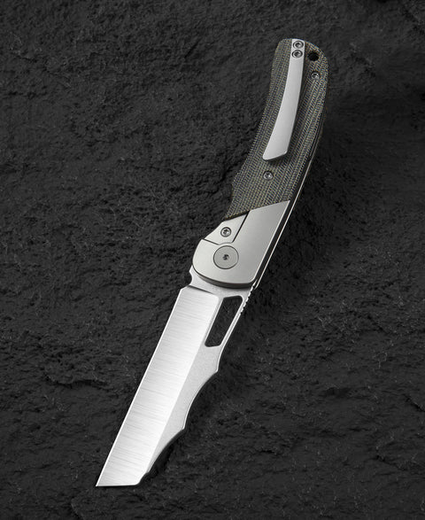 BESTECH SYN BT2306B Titanium Black Canvas Micarta Inlay Handle: 3.57" Hand Rubbed Stonewash Finish Hand Rubbed Satin Elmax Blade