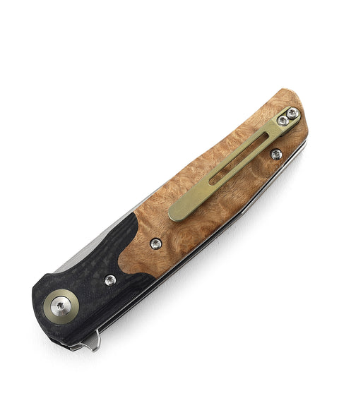 BESTECH ASCOT BG19D Interlayer with Carbon Fiber and G10+  Lightburl Wood Handle 3.82" 14C28N Blade