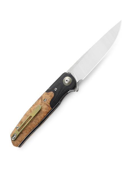 BESTECH ASCOT BG19D Interlayer with Carbon Fiber and G10+  Lightburl Wood Handle 3.82" 14C28N Blade