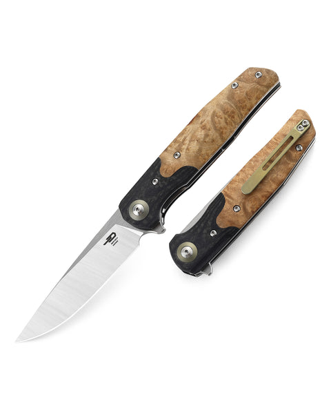 BESTECH ASCOT BG19D Interlayer with Carbon Fiber and G10+  Lightburl Wood Handle 3.82" 14C28N Blade