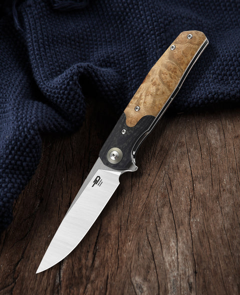 BESTECH ASCOT BG19D Interlayer with Carbon Fiber and G10+  Lightburl Wood Handle 3.82" 14C28N Blade