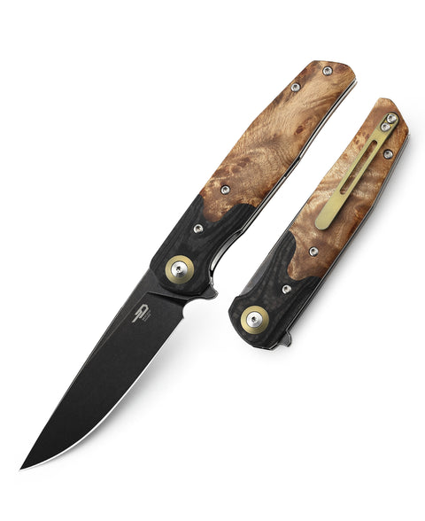 BESTECH ASCOT BG19E Interlayer with Carbon Fiber and G10+ Lightburl Wood Handle 3.82" 14C28N Blade