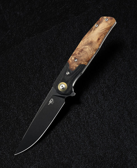 BESTECH ASCOT BG19E Interlayer with Carbon Fiber and G10+ Lightburl Wood Handle 3.82" 14C28N Blade