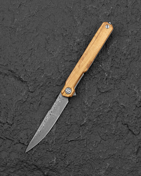 BESTECH DUOZ BG65G Olive Wood Handle: 3.34" Damascus Blade, Liner Lock, Flipper
