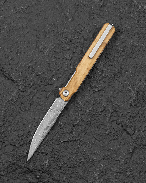 BESTECH DUOZ BG65G Olive Wood Handle: 3.34" Damascus Blade, Liner Lock, Flipper