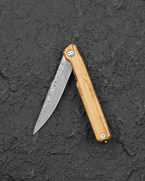 BESTECH DUOZ BG65G Olive Wood Handle: 3.34" Damascus Blade, Liner Lock, Flipper