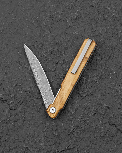 BESTECH DUOZ BG65G Olive Wood Handle: 3.34" Damascus Blade, Liner Lock, Flipper