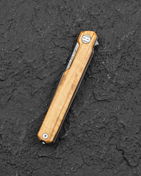 BESTECH DUOZ BG65G Olive Wood Handle: 3.34" Damascus Blade, Liner Lock, Flipper