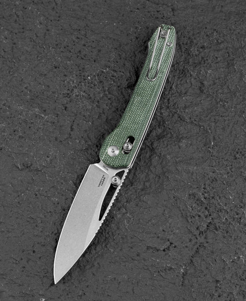 BESTECH COBBER BG68D Green Micarta Handle: 3.37" 14C28N Blade, Bar Lock, Thumb Hole, Thumb Studs