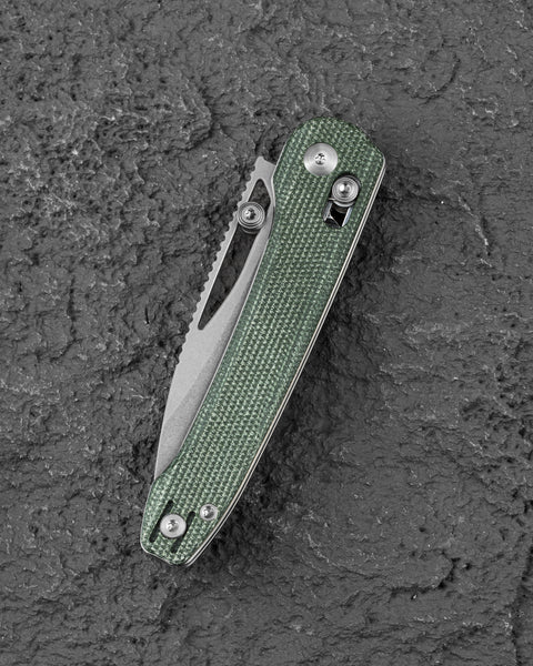 BESTECH COBBER BG68D Green Micarta Handle: 3.37" 14C28N Blade, Bar Lock, Thumb Hole, Thumb Studs