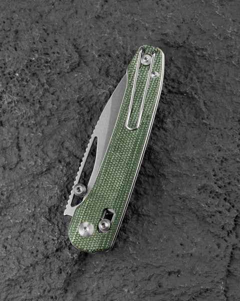BESTECH COBBER BG68D Green Micarta Handle: 3.37" 14C28N Blade, Bar Lock, Thumb Hole, Thumb Studs