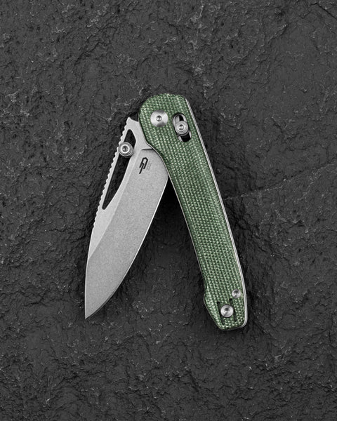 BESTECH COBBER BG68D Green Micarta Handle: 3.37" 14C28N Blade, Bar Lock, Thumb Hole, Thumb Studs