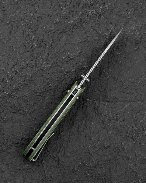 BESTECH COBBER BG68D Green Micarta Handle: 3.37" 14C28N Blade, Bar Lock, Thumb Hole, Thumb Studs