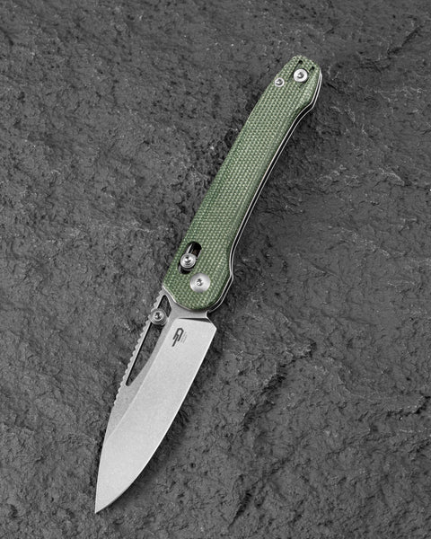 BESTECH COBBER BG68D Green Micarta Handle: 3.37" 14C28N Blade, Bar Lock, Thumb Hole, Thumb Studs