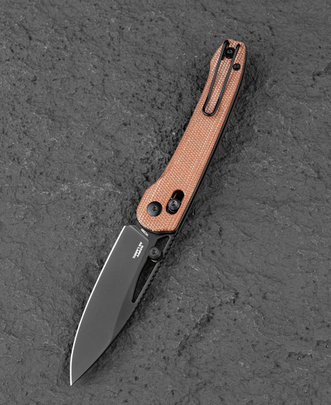 BESTECH COBBER BG68F Brown Micarta Handle: 3.37" 14C28N Blade, Bar Lock, Thumb Hole, Thumb Studs