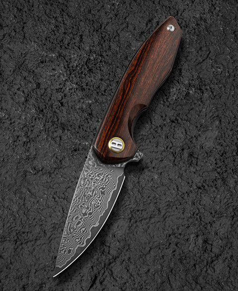 BESTECH BAMBI BL08D 3.11" Damascus Steel Blade Iron Wood Handle