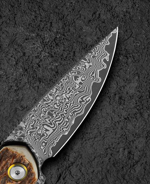 BESTECH BAMBI BL08G 3.11" Damascus Steel Blade Stag Horn Handle