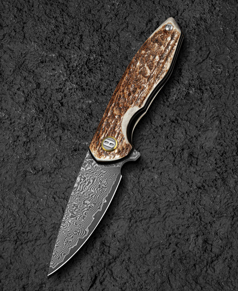 BESTECH BAMBI BL08G 3.11" Damascus Steel Blade Stag Horn Handle