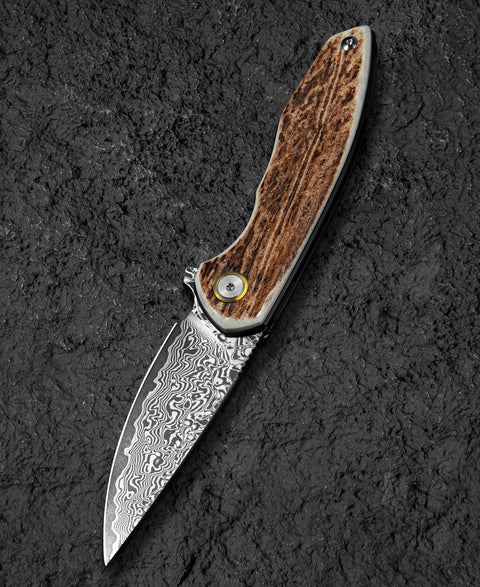 BESTECH BAMBI BL08G 3.11" Damascus Steel Blade Stag Horn Handle