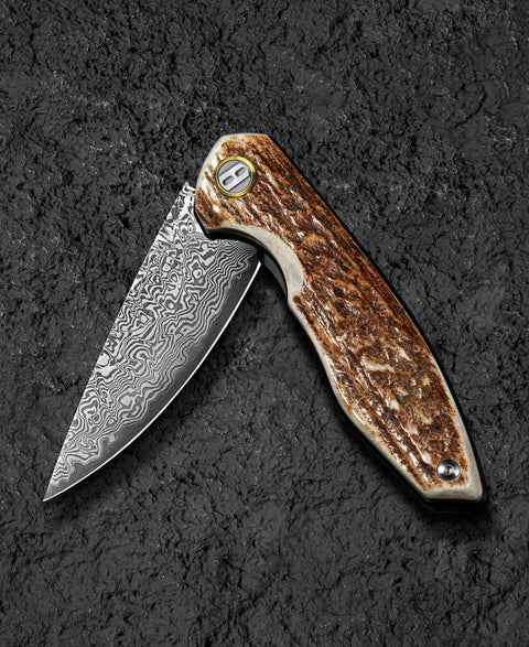 BESTECH BAMBI BL08G 3.11" Damascus Steel Blade Stag Horn Handle