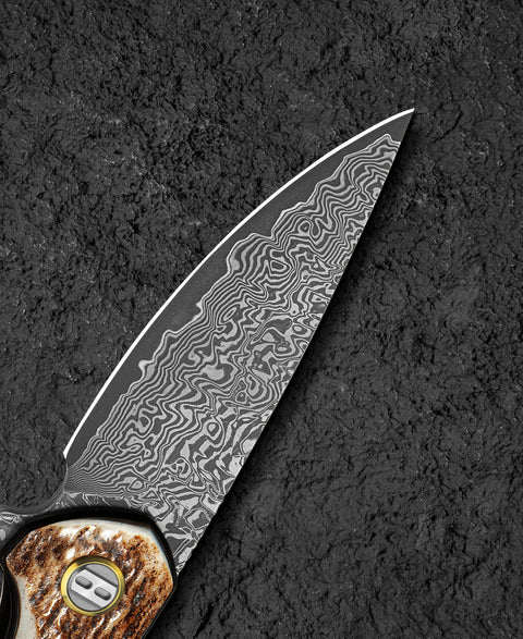 BESTECH BAMBI BL08G 3.11" Damascus Steel Blade Stag Horn Handle