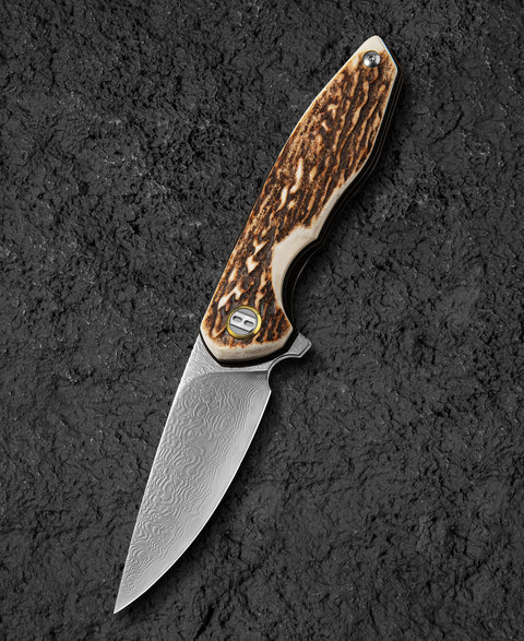 BESTECH BAMBI BL08H 3.11" Damascus Steel Blade Stag Horn Handle