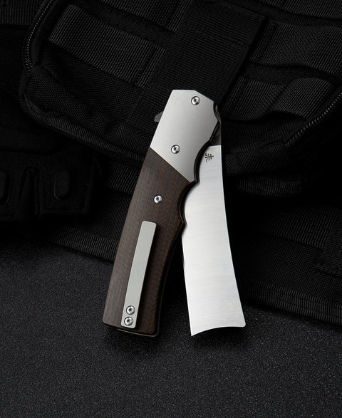 BESTECH SPANISH TIP RAZOR BT2101A Titanium+Black Orange Carbon Fiber Handle: 3.79" M390 Blade