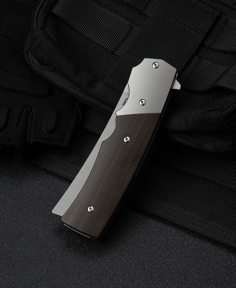 BESTECH SPANISH TIP RAZOR BT2101A Titanium+Black Orange Carbon Fiber Handle: 3.79" M390 Blade