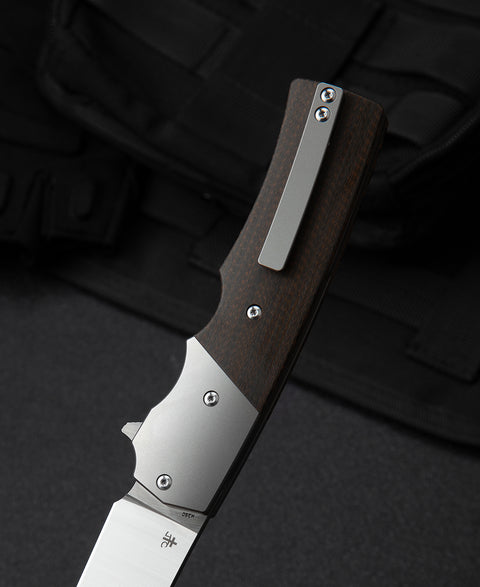 BESTECH SPANISH TIP RAZOR BT2101A Titanium+Black Orange Carbon Fiber Handle: 3.79" M390 Blade