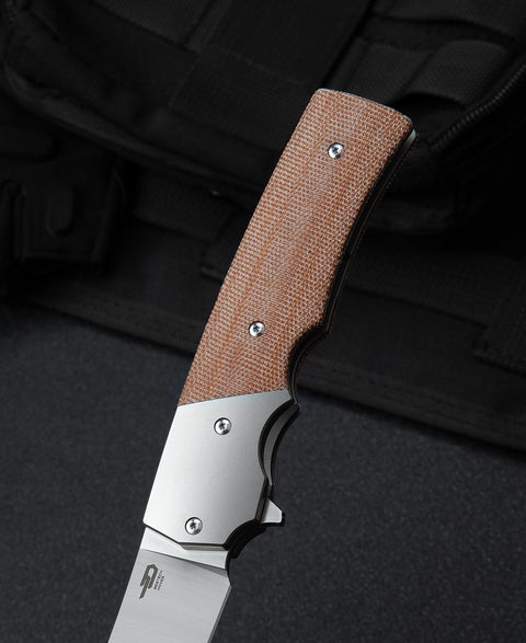 BESTECH SPANISH TIP RAZOR BT2101B Titanium+Natural Canvas Micarta Handle: 3.79" M390 Blade