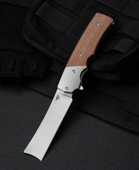 BESTECH SPANISH TIP RAZOR BT2101B Titanium+Natural Canvas Micarta Handle: 3.79" M390 Blade