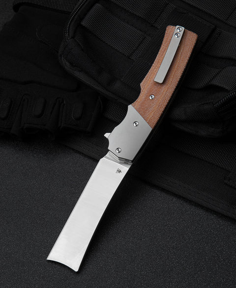 BESTECH SPANISH TIP RAZOR BT2101B Titanium+Natural Canvas Micarta Handle: 3.79" M390 Blade