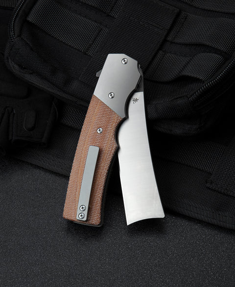 BESTECH SPANISH TIP RAZOR BT2101B Titanium+Natural Canvas Micarta Handle: 3.79" M390 Blade