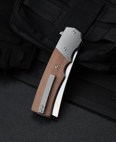 BESTECH SPANISH TIP RAZOR BT2101B Titanium+Natural Canvas Micarta Handle: 3.79" M390 Blade