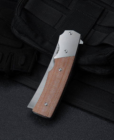 BESTECH SPANISH TIP RAZOR BT2101B Titanium+Natural Canvas Micarta Handle: 3.79" M390 Blade