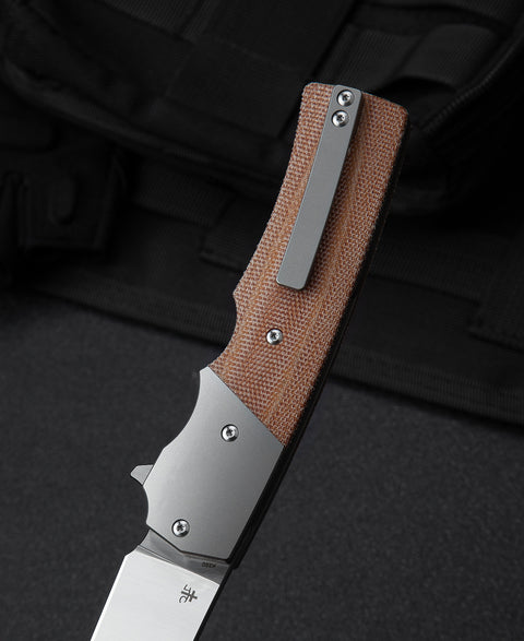 BESTECH SPANISH TIP RAZOR BT2101B Titanium+Natural Canvas Micarta Handle: 3.79" M390 Blade