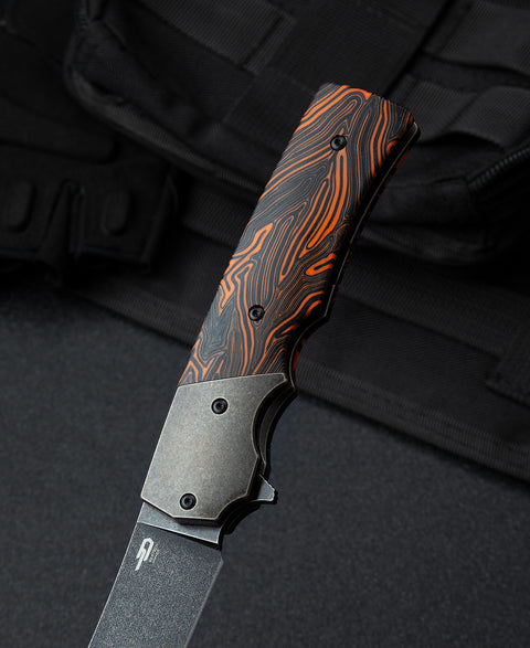 BESTECH SPANISH TIP RAZOR BT2101D Titanium+Black Orange G10 Handle: 3.79" M390 Blade