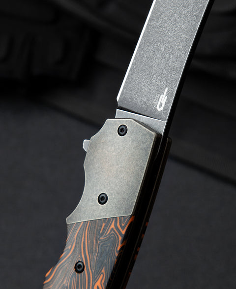 BESTECH SPANISH TIP RAZOR BT2101D Titanium+Black Orange G10 Handle: 3.79" M390 Blade