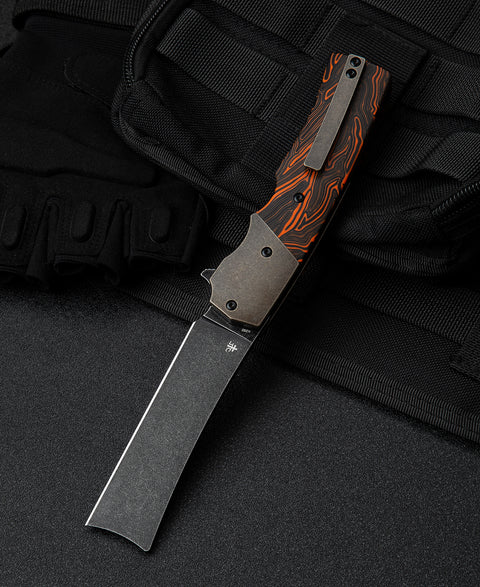BESTECH SPANISH TIP RAZOR BT2101D Titanium+Black Orange G10 Handle: 3.79" M390 Blade